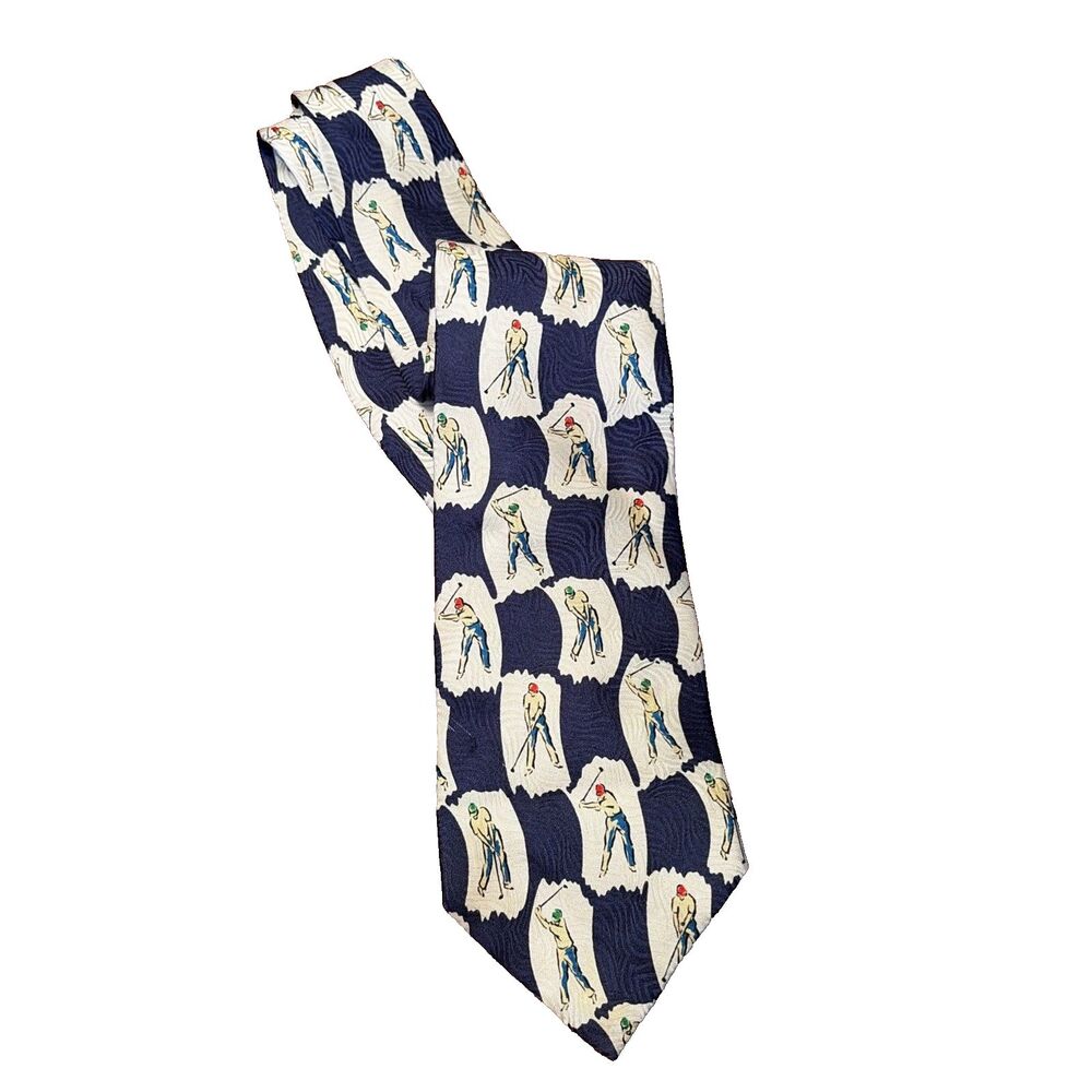 Paul Frederick Blue Golfer Print 100% Silk Mens Necktie 3" x 61" Vintage USA